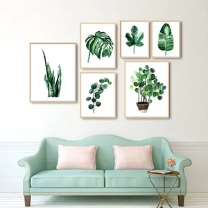 水彩緑の植物はキャンバスの絵画を残します北欧のスカンジナビアのオフィスの壁のアートポスターの写真リビングルームの家の装飾