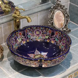 Lavabo de salle de <span class=keywords><strong>bain</strong></span> en céramique artistique en forme de fleur, émaillé de différentes couleurs, Jingdezhen, pour la maison - Product Image 3