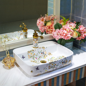 Lavabo de salle de bain rectangulaire, évier de salle de bain en céramique avec motifs de fleurs et d'oiseaux dorés - Product Image 3