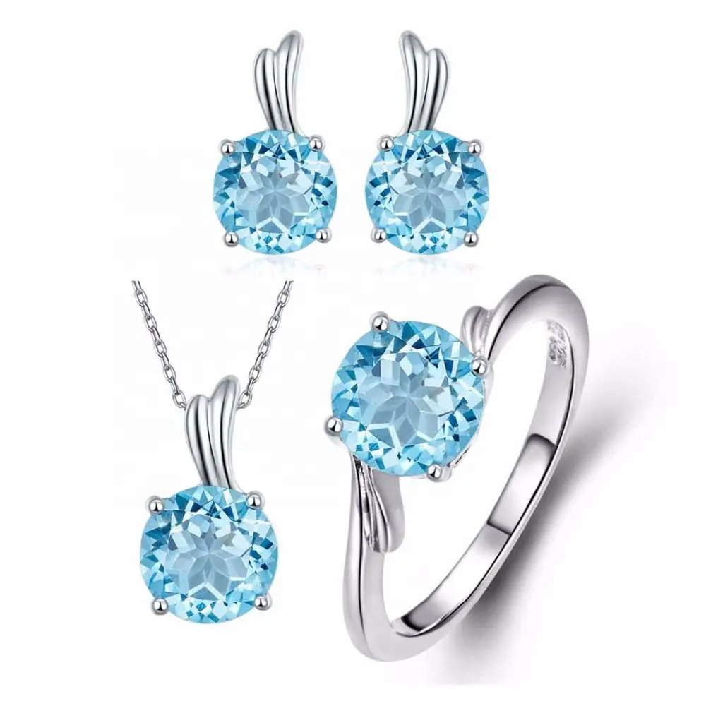 925 Sterling Silver Gemstone Jewelry Genuine Blue Topaz Jewelry Sets For Women