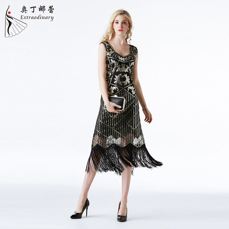 1920s Vintage Great Gatsby Black and Gold Dress Sexy Sequins