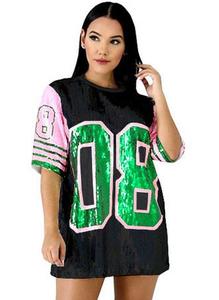 Nuovo girocollo da donna a maniche corte con <span class=keywords><strong>paillettes</strong></span> sexy rosa e verde lettera 08 Bling performance t-shirt jumper <span class=keywords><strong>Top</strong></span> - Product Image 4