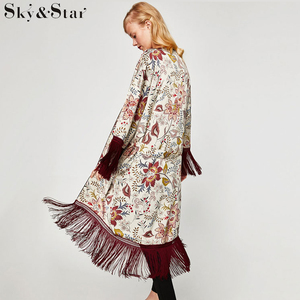 2018 de moda de <span class=keywords><strong>manga</strong></span> larga borla larga floral <span class=keywords><strong>kimono</strong></span> chaqueta - Product Image 2