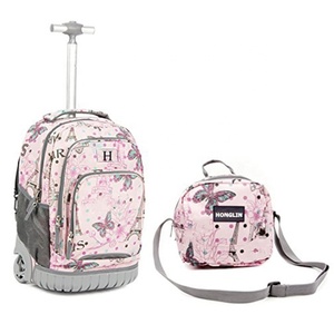 18 Inch Luggage Wheeled Rolling Girls Backpack with Lunch Bag