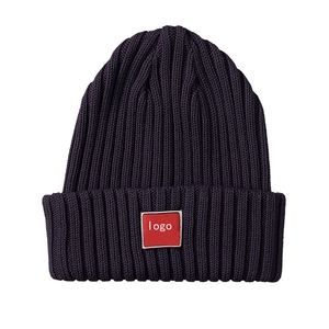 2022 Fashion Leather Label Solid Color Winter Knitted Wool Hats Custom Warm <strong>Black</strong> <strong>Beanies</strong> for <strong>Women</strong> and Men - Product Image 6