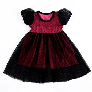 2-12Newly designed girl bubble sleeve party dress girl toddler black polka dot tulle baby girl dress