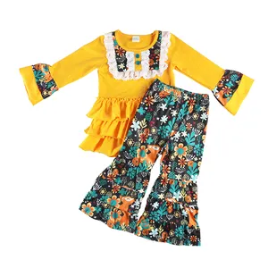 새로운 제품 부티크 의류 프릴 가을 디자인 탑 드레스 & 꽃 긴 바지 아기 소녀 프릴 복장