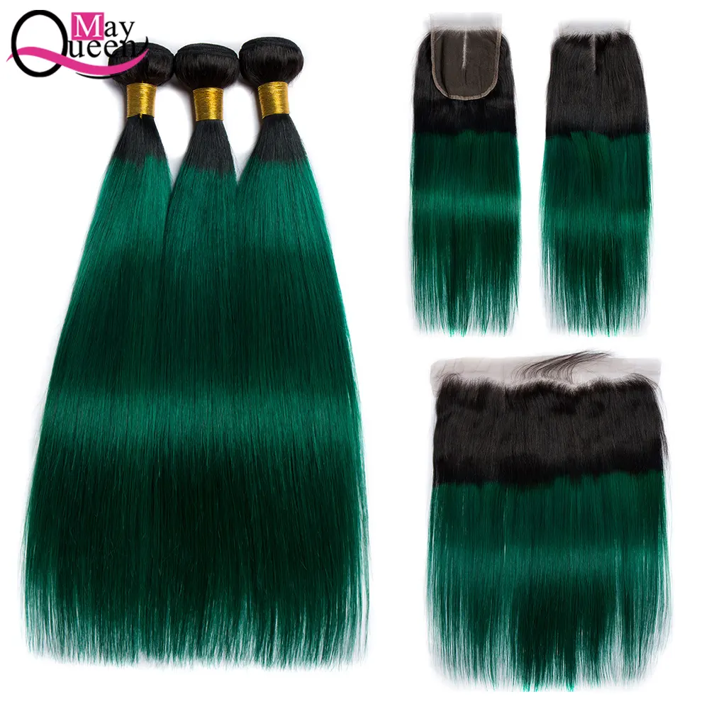 Human Hair Weave Bundles with Closure Ombre 2 Tone Color /colored Two Tone T1b/green Remy Hair Brazilian Hair Hair WEAVING >=30%