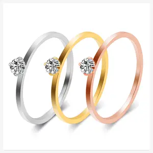 Simples de moda design de ouro rosa de prata anéis de aço inoxidável de noivado de zircão fina mulheres jewely
