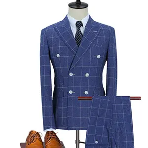 Tweed Mantel & Rompi Pria, Jas & Celana Warna Biru untuk Pernikahan Veste Homme Pour Mariage