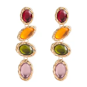 Polly 2019 Luxury Gold Plated Alloy Long Dangle Drop Colorful Acrylic Gemstone Earring