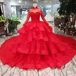 LS19841 красное платье с высоким воротом, свадебные платья, женское вечернее платье с оборками и бисером для девушек