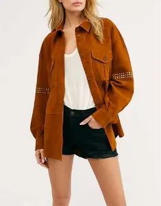 Shirt Jacket Oversized Jacket Faux Leather Stud Faux Suede Woman Trench Turn-down Collar Regular Sleeve Summer Casual 25-30 Days