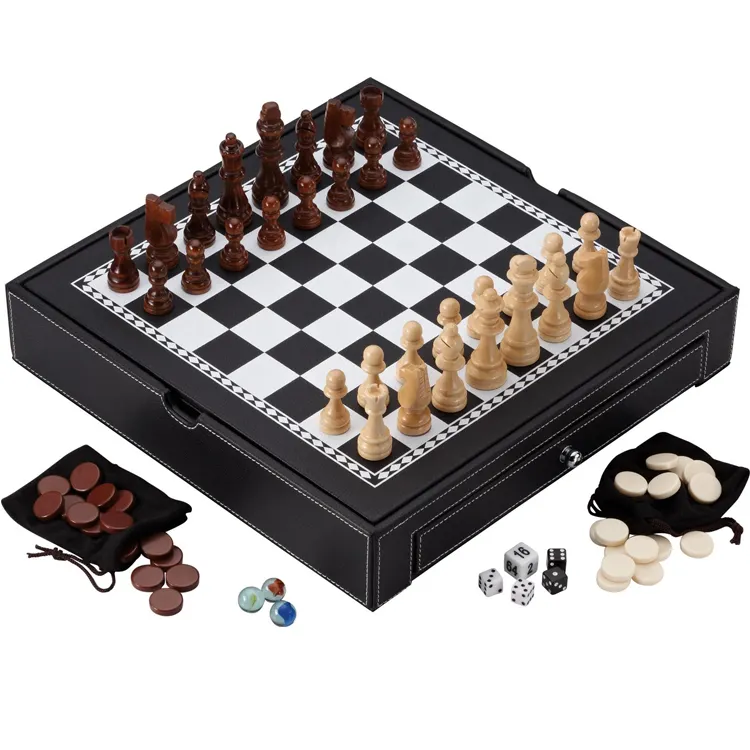 הנמכר ביותר ajedrez יוקרה עור 3 ב 1 עץ סט שחמט שש-בש לוח שחמט עבור לוגו מותאם אישית