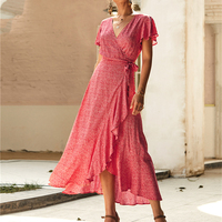 Boho Polka del Puntino di Stampa Delle Donne del Vestito Casuale Manica Corta Con Scollo A V Rosso Vestito Estivo Midi Dalla Spiaggia Del Vestito femminile Vestito Da A-Line 2019