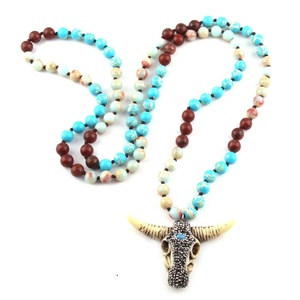 Pic Jasper mavi İmparator kolye çok taş uzun düğümlü el yapımı inek kafatası kolye kolye 108 boncuk boğa boynuz Mala kolye - Product Image 3