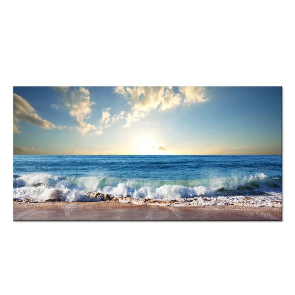 Strand Sonnen untergang Leinwand Wand kunst Blue Ocean Wave Zeitgenössische Leinwand Summer Beach Landschaft Bild druck auf Leinwand für Wohnkultur