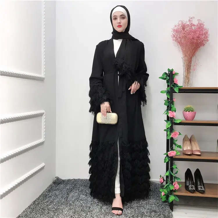2019 Neuzugang Ramadan Großhandel schwarz offen Abaya mit Feder und Gürtel für muslimische Mädchen