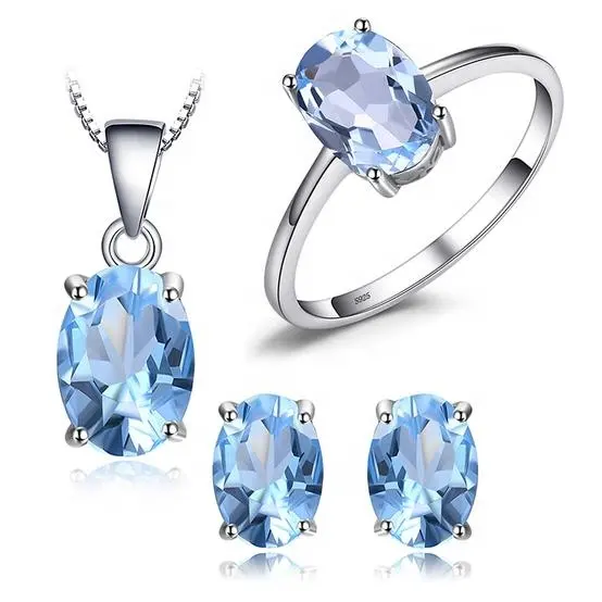 Venta al por mayor, conjunto de joyas de Topacio Azul de corte ovalado de Plata de Ley 925 para mujer