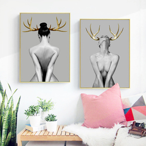 Minimalista de la pintura con marco de oro gordo Sexy mujeres desnudas arte de la lona de pintura - Product Image 2