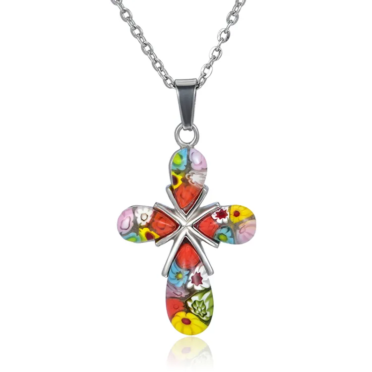 New Arrivals Women Accessories Stainless Steel Colorful Murano Glass Cross Necklace Jewelry Custom Made