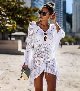 Robe de plage blanche en maille, vêtements sexy, couleur unie, Cover-Up pour Bikini, pour les femmes, modèle tricot, pour les maillots de bain, tunique