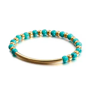 Latest Handmade Stretch Bracelet Stainless Steel Beads And Natural Turquoise Stone Bracelet