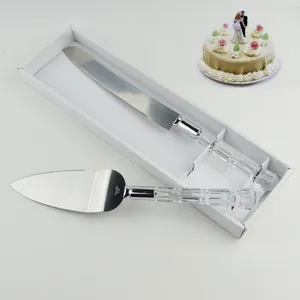 עוגת כלים קריסטל פלסטיק ידית גבוהה באיכות נירוסטה יום הולדת חתונה ארוך עוגת סכין וכף שרת סט