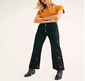 Western-inspired Wide-leg Jeans Detailing Trouser Accented with Allover Urban Star Embroidery Wide Leg Pants Fabric Women Black