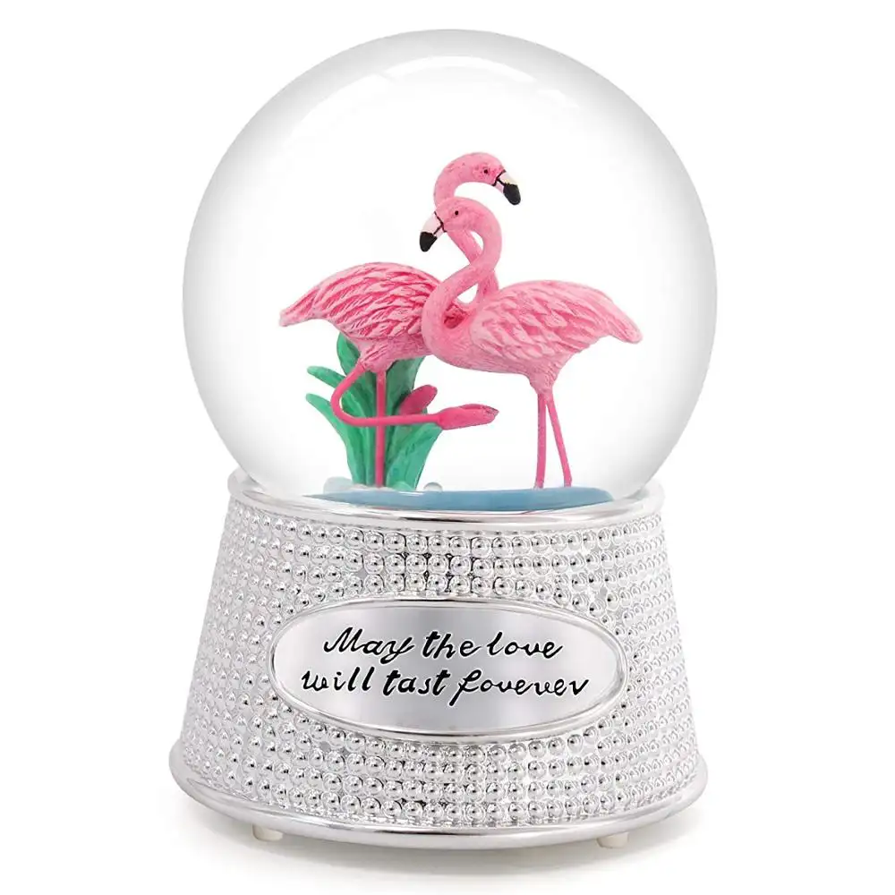 100mm Musical Snow Globes Pink Flamingo Ornament Music Boxes with Led Light