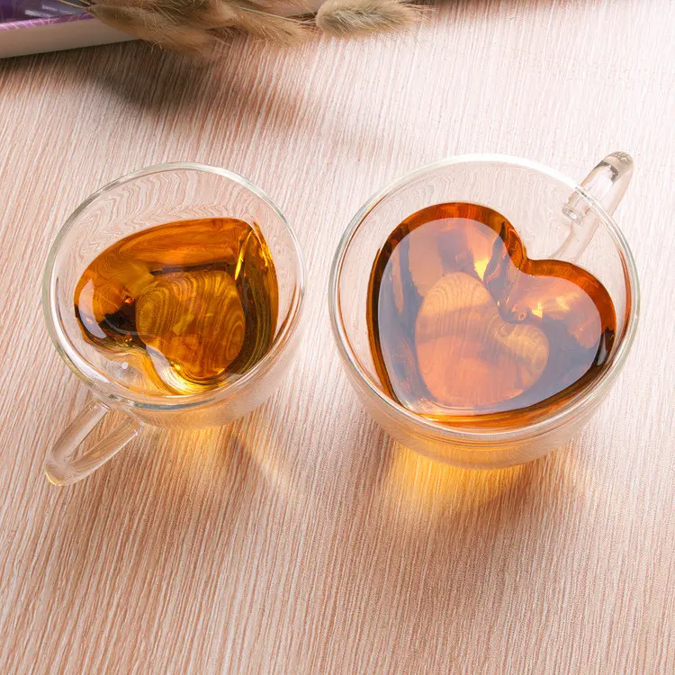 Heat Resistant Heart Shape Double Wall Clear Glass Coffee Cup With Handle