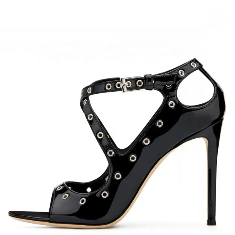 Fashion Patent Leather Metal Loops Buckle Strap High Heels Black Pumps Women Shoes