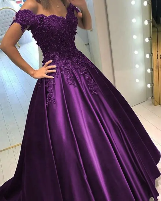 Bridal Satin Off Shoulder A Line Purple Wedding Dress