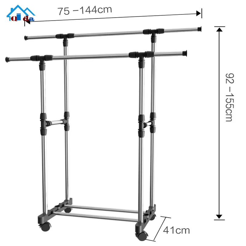 Double garment folding stand rack rail pole for drying clothes with wheels