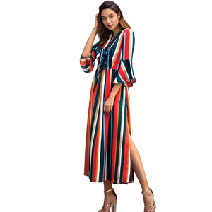 YILEYA <span class=keywords><strong>de</strong></span> rayas arco iris <span class=keywords><strong>de</strong></span> las mujeres Vestido largo <span class=keywords><strong>de</strong></span> nuevo estilo chifón vestido midi con cuello fajas - Product Image 3