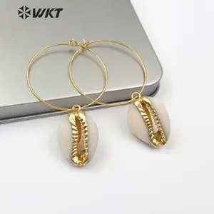 WT-E516 Diskon Besar Perhiasan Cangkang Bohemia dengan 18K Berlapis Emas Anting Sapi Alami Anting Cangkang Lingkaran Besar