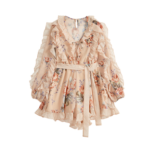Increspature Del Merletto Stampato Breve Stile Telai Del Vestito Per Le Donne Vestiti A Maniche Lunghe Floreale Pastorale Tute - Product Image 1