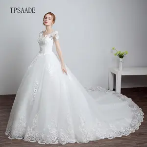 Blanc Appliques dentelle strass perlée robe de mariée à manches courtes lacets dos robe de mariée robe de novia 2020