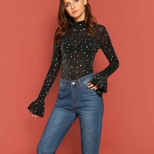 Nuevo lanzamiento mujer moderno elegante volante <span class=keywords><strong>manga</strong></span> de cuello-brillo estrella de malla Top blusas - Product Image 3