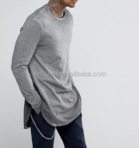 Hombres rayas extended Curved hem manga larga gris inferior bifurcado hip hop camiseta - Product Image 1