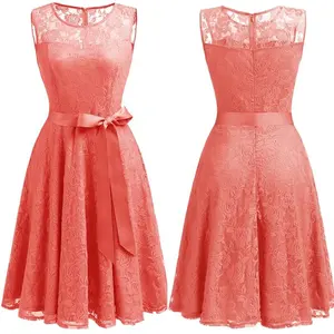 Coral Kleur Vintage Lace Knielengte Korte Bruidsmeisjekleding