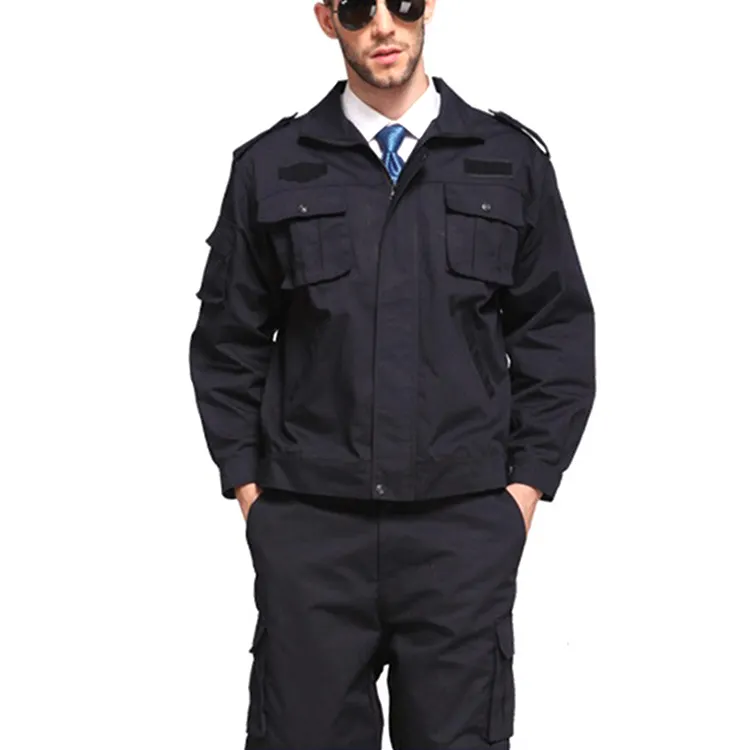 Jaket Seragam Militer Pria, Jaket Gaya Militer Hitam Pesanan Khusus dengan Jaket Dan Celana Seragam Pria Keamanan