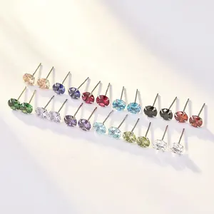 Wholesale 12 zodiac birthstone 925 Sterling Silver Round colorful Cubic Zirconia Cut CZ Stud earrings 3~8MM promotional gifts