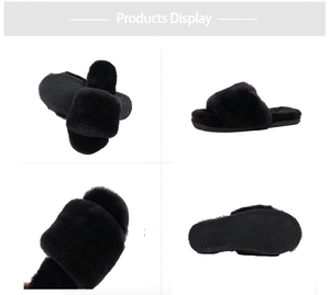 Mujeres cómodas de invierno cálido punta abierta negro sandalias esponjosas forro de piel de oveja Scuff dormitorio zapatillas s - Product Image 3