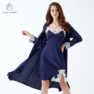 Lace sleeves trimmed womens dark blue silk satin robes