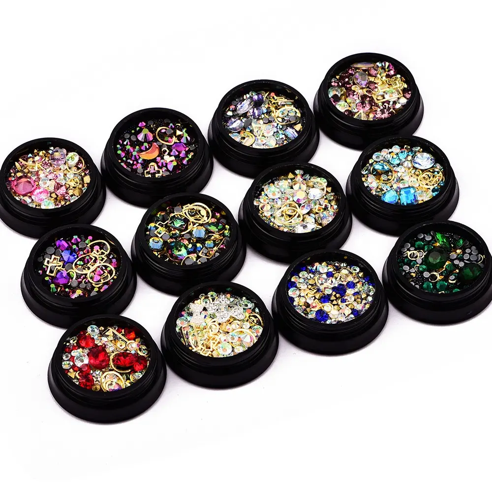 Cuentas de cristal para decoración de uñas, diamantes de imitación Nail Art mezclados con 12 ruedas