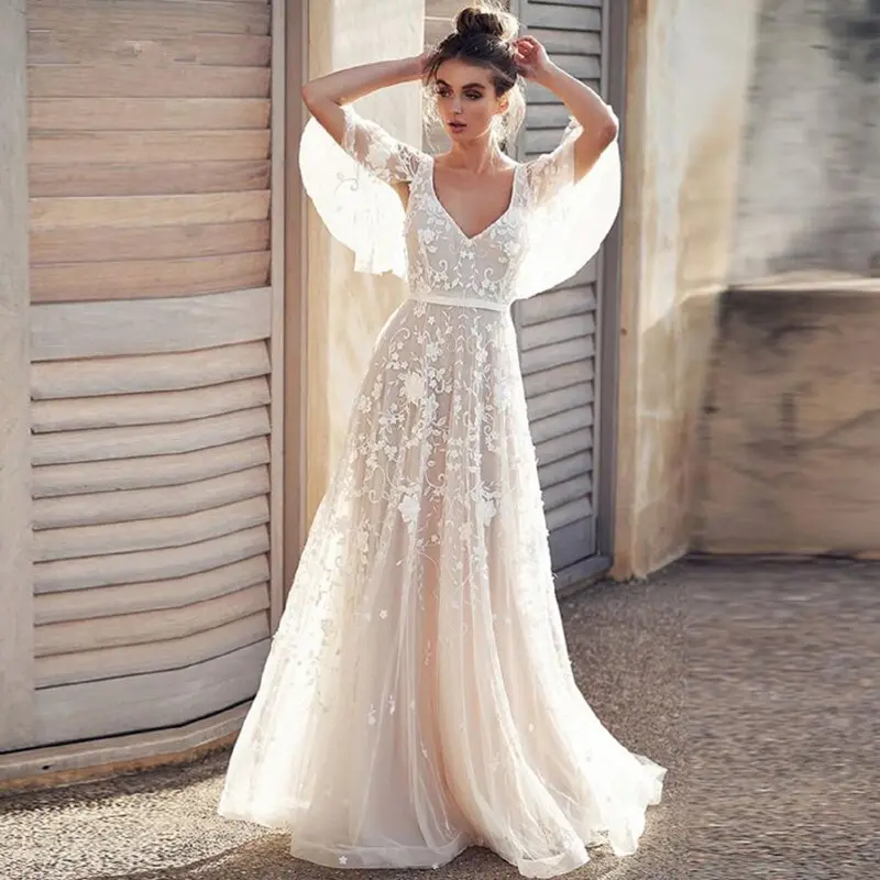 2021 Böhmische einfache Brautkleider A-Linie Brautkleid Tüll mit Applikationen Brautkleider V-Ausschnitt Sexy Simple Beach Wedding Dress
