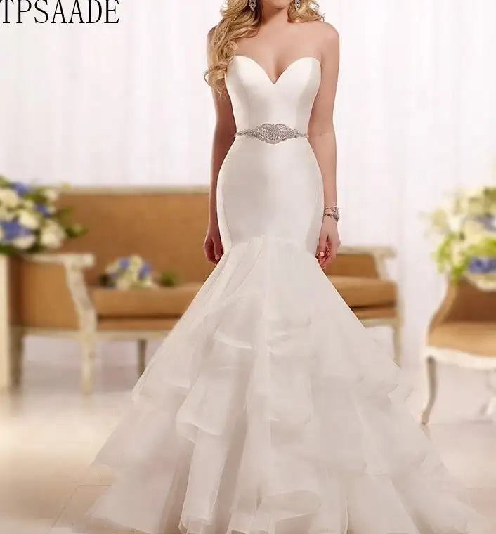 Simple Elegant Satin Fabric Tulle Ruffles Bridal Gowns Sweetheart Crystal Beaded Belt Mermaid Wedding Dresses 2020