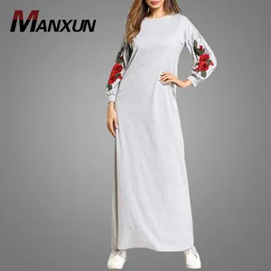 Manxun Bloemen Gedetailleerde Op Mouwen Full Length Sport Jersey Abaya Jurk Moslim Vrouwen Active Wear Dubai Kabaya Islamitische Kleding