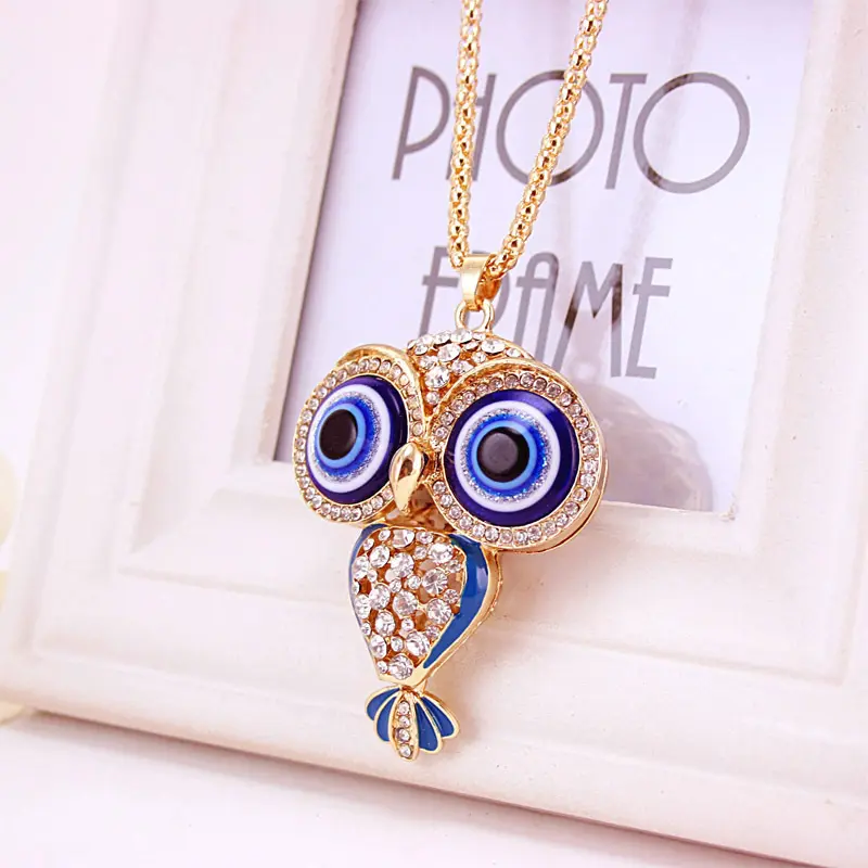Colliers et pendentifs en cristal de diamant d'oeil bleu de strass, breloques de mode, gros hibou, chaîne de chandail, bijoux mignons
